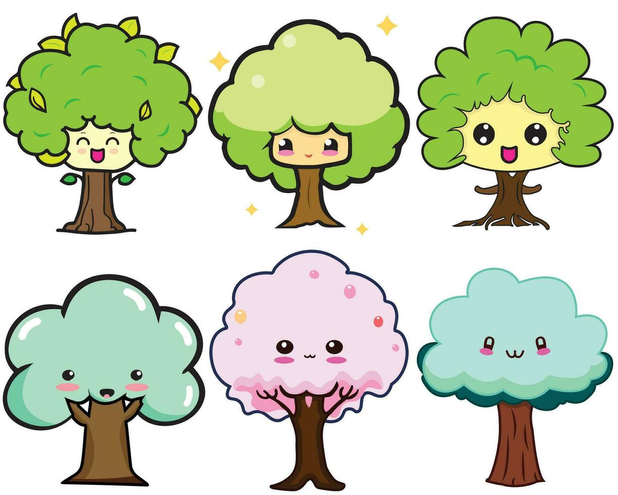 linda kawaii árbol íconos paquete vector