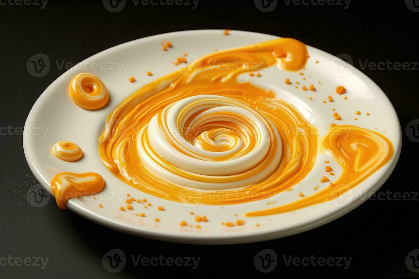 Aesthetic display of yellow and orange swirled frosting on a white plate photo
