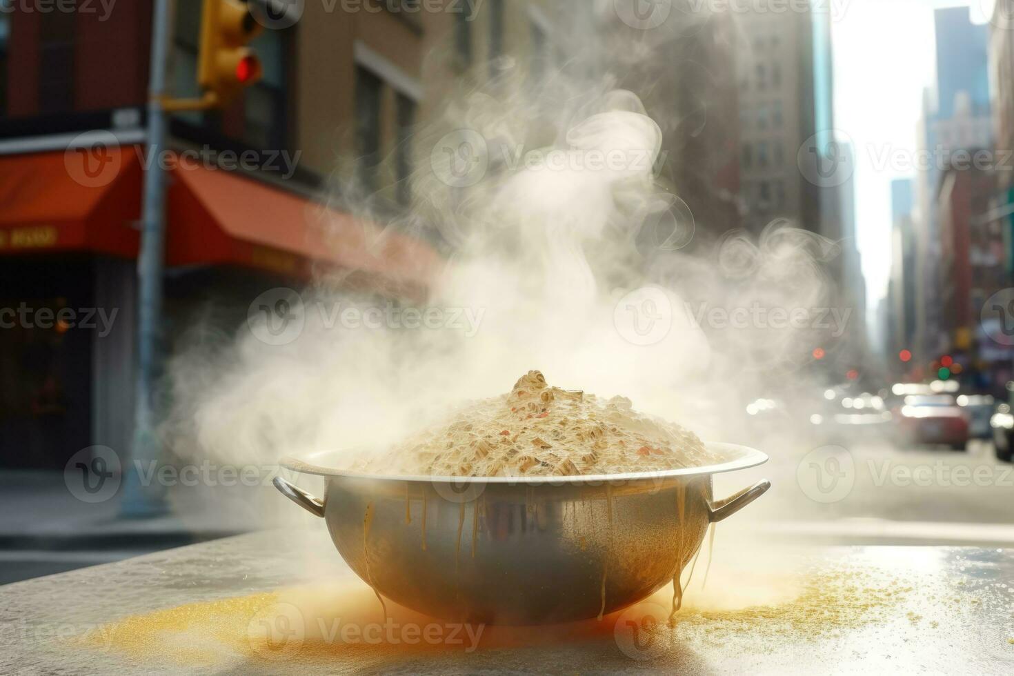 humeante maceta de comida en un brumoso ciudad calle foto