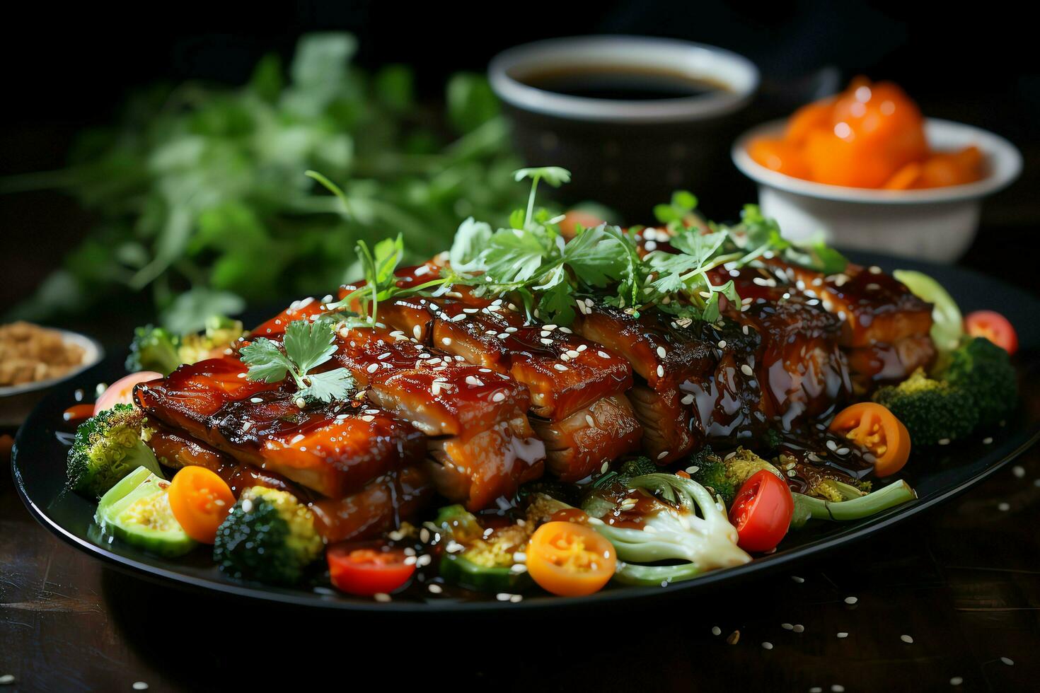 A delicious crispy pork belly fancy on plate. Restaurant food and asian cuisine concept by AI Generated photo