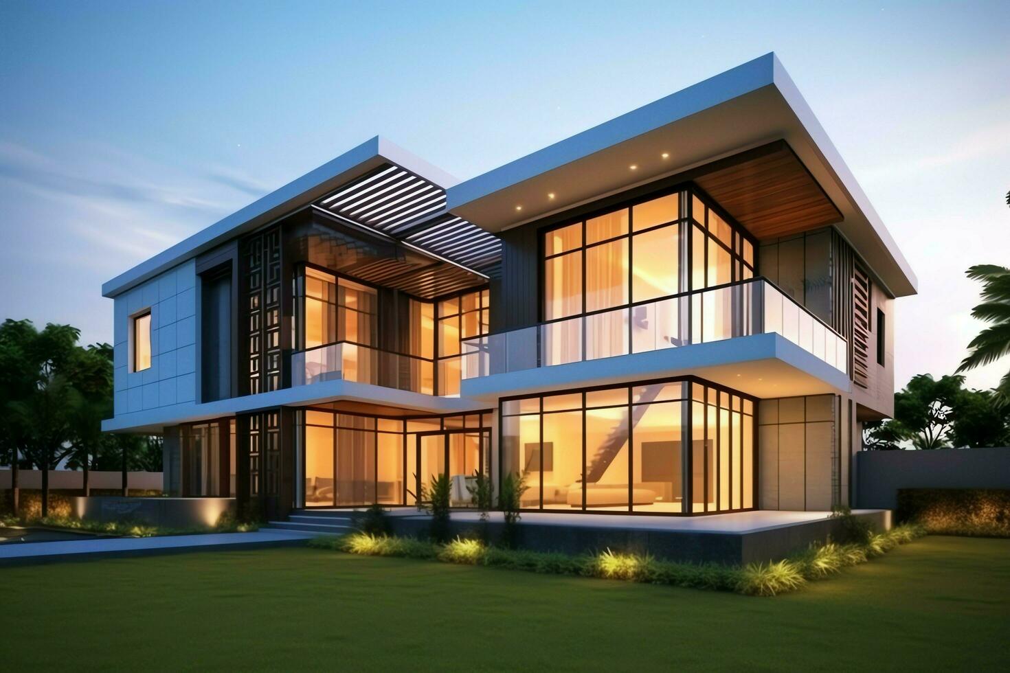 Beautiful modern house exterior with grass. field Modern residential district and minimalist building concept by AI Generated photo