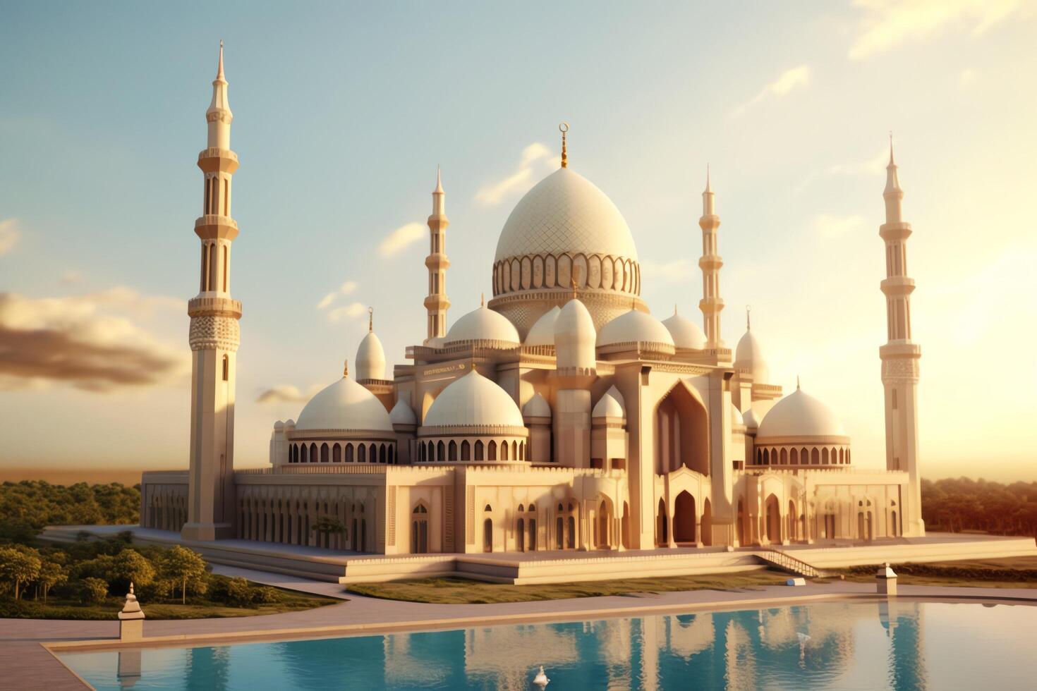 Awesome buildings of mosque in ramadan vibes. Ramadan kareem eid mubarak islamic mosque concept by photo