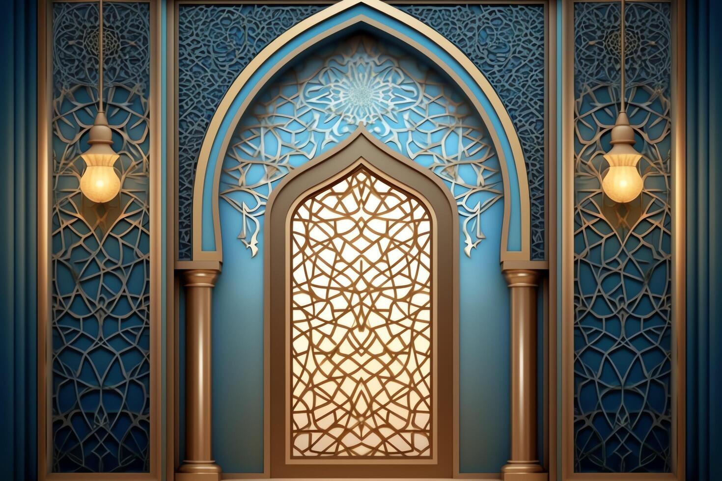Eid mubarak and ramadan kareem greetings with islamic lantern and mosque. Eid al fitr background. Eid al fitr background of window concept by photo