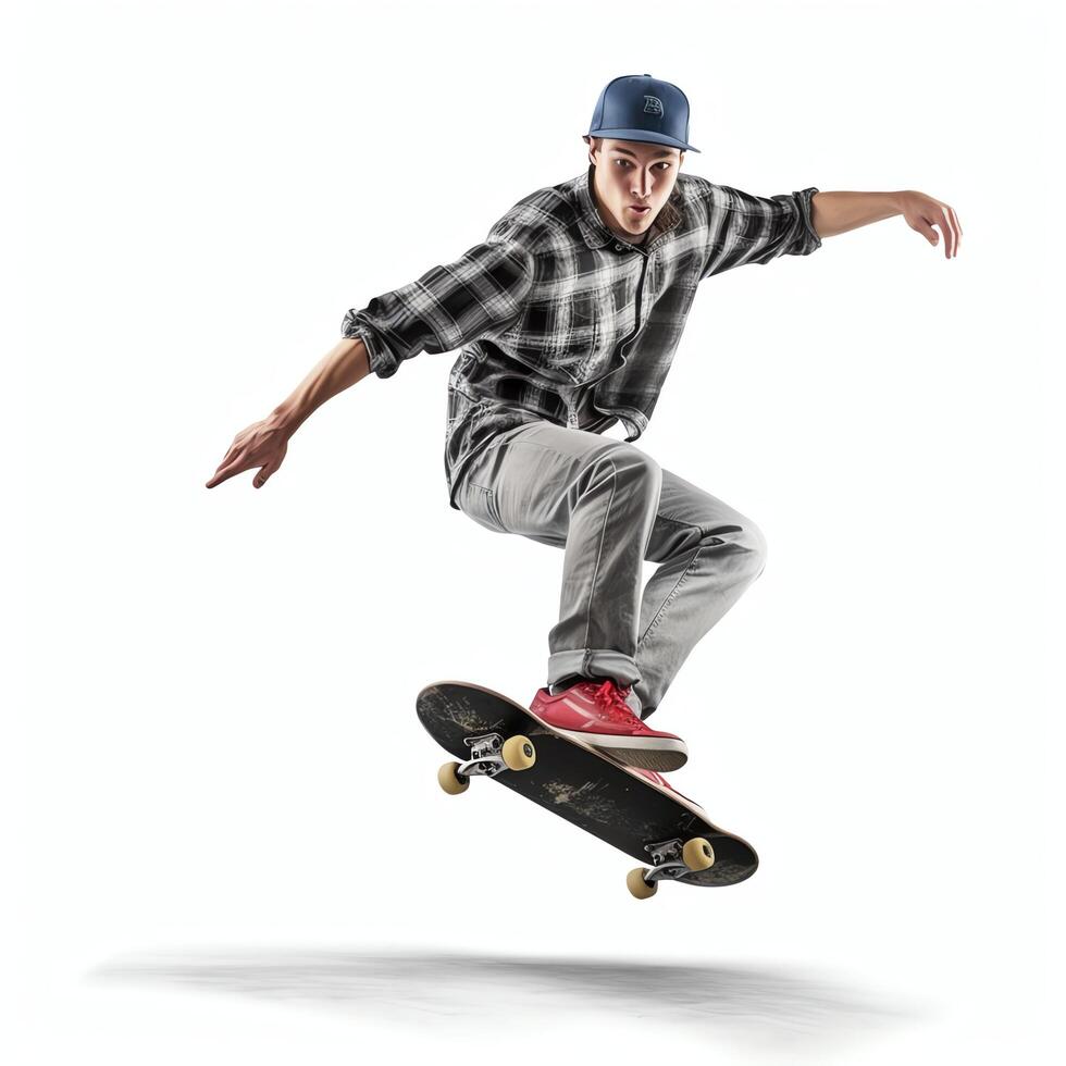 A caucasian man doing tricks or jumping on a skateboard at the street. Young man with skater jumping concept by photo