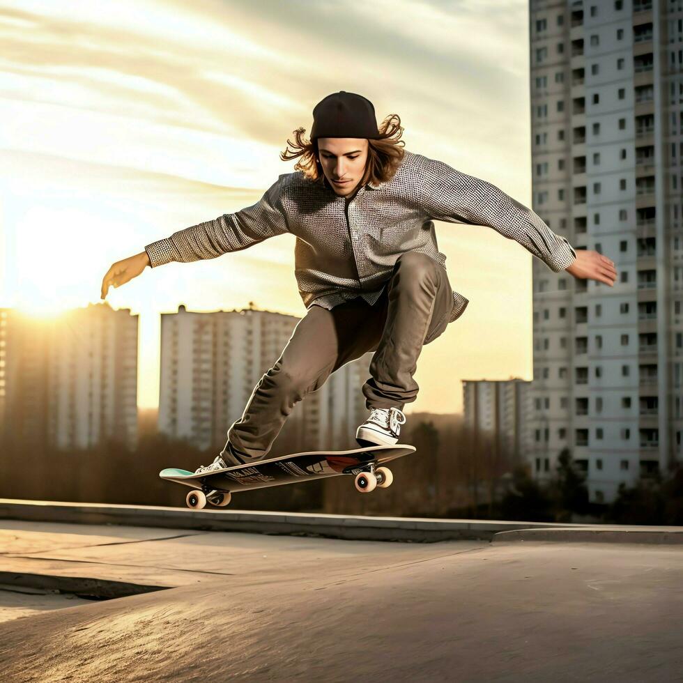 A caucasian man doing tricks or jumping on a skateboard at the street. Young man with skater jumping concept by AI Generated photo