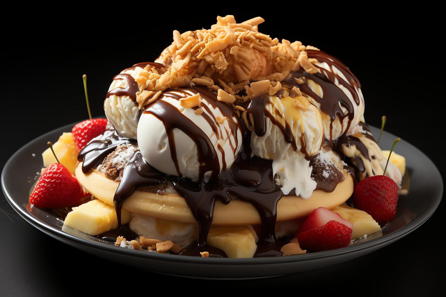 A delicious Banana split ice cream dessert with chocolate syrup. Banana split ice cream dessert by photo