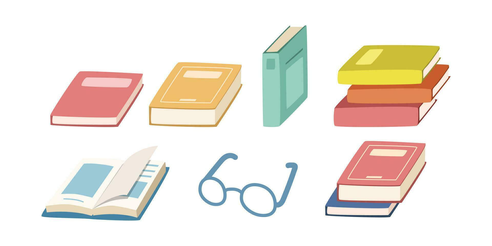 Set of books and textbooks flat vector illustration. Simple multicolor book clipart cartoon style, hand drawn doodle. Teacher, students, classroom, school supplies, back to school concept