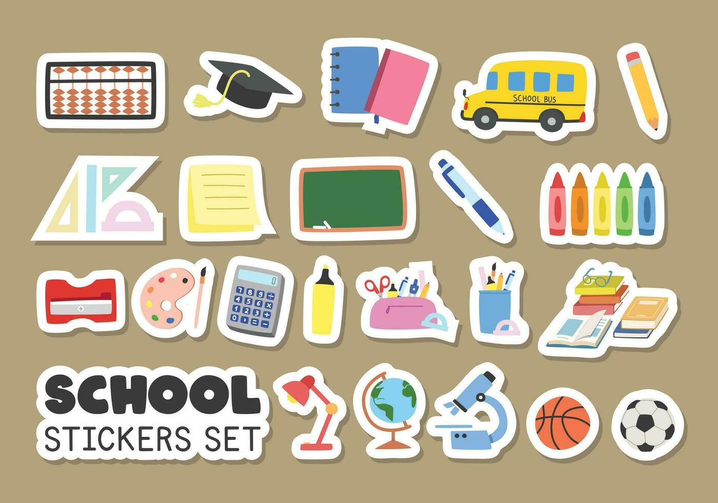 School supplies stickers vector set. Soroban, notebooks, sticky note, pencil case, textbooks, chalkboard flat vector illustration cartoon style clipart. Students, classroom, back to school concept