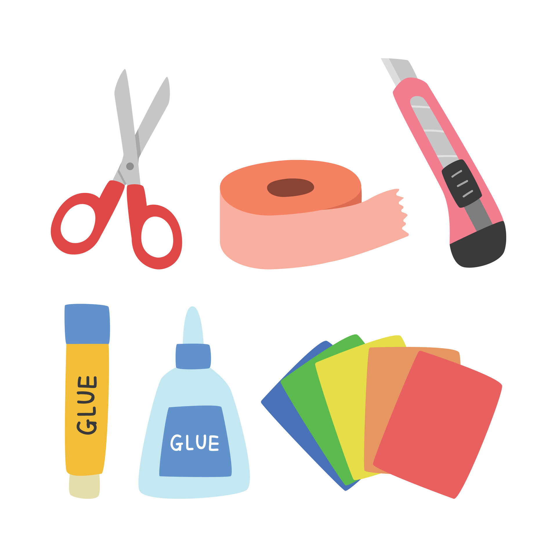 Student craft supplies clipart vector set. Scissors, tape, craft knife