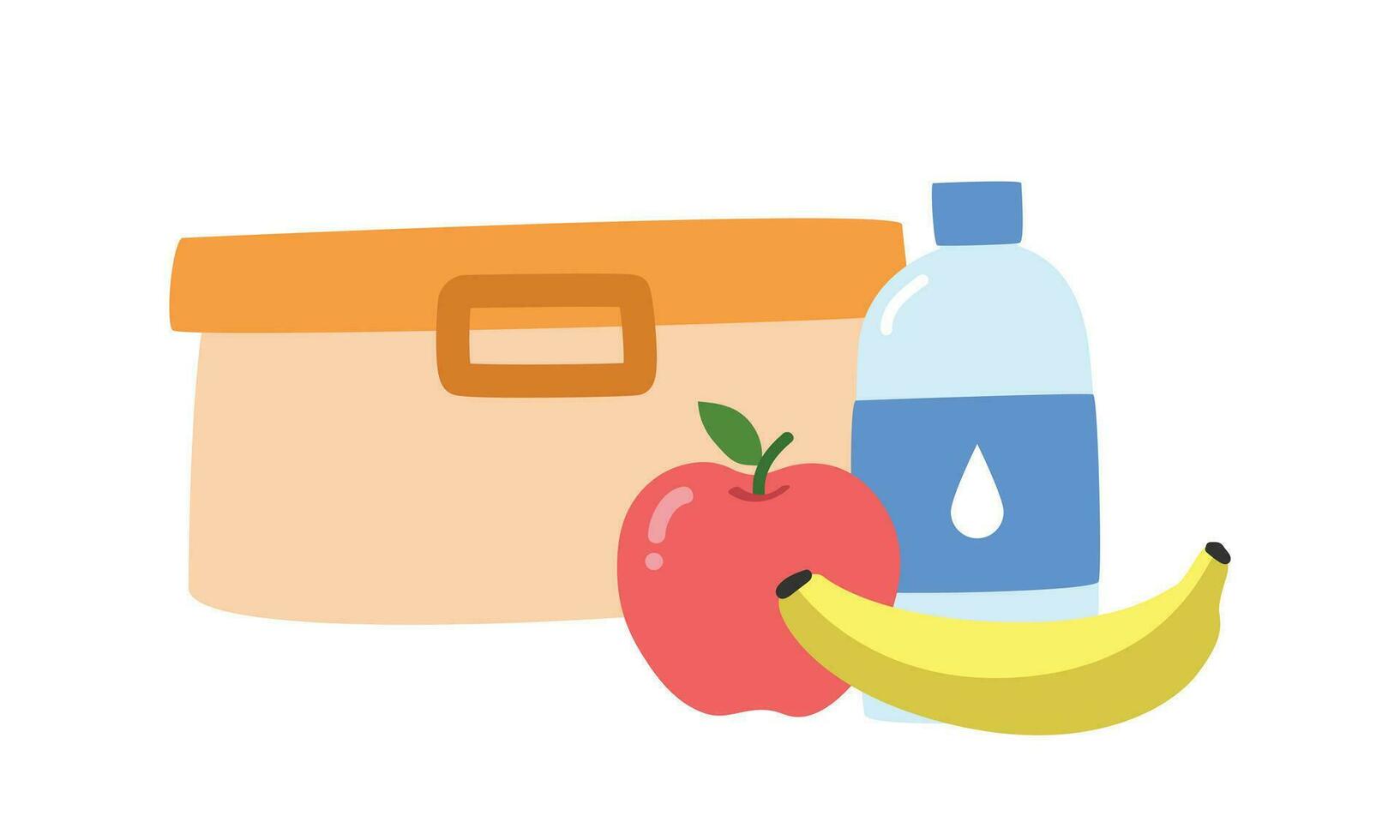 School lunchbox clipart. Simple lunchbox with water bottle, apple, banana flat vector illustration clipart cartoon style, hand drawn doodle. Students, classroom, back to school concept