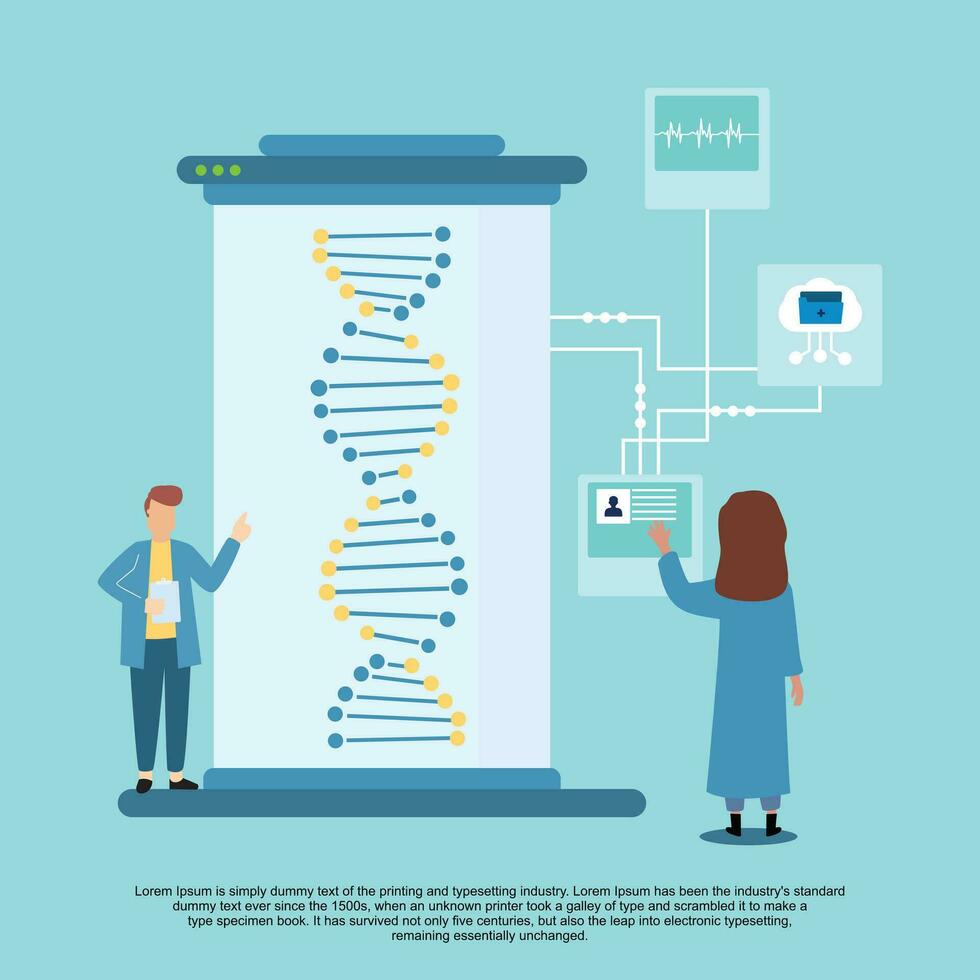 Science technology of future set vector illustration, engineers research DNA spiral model.