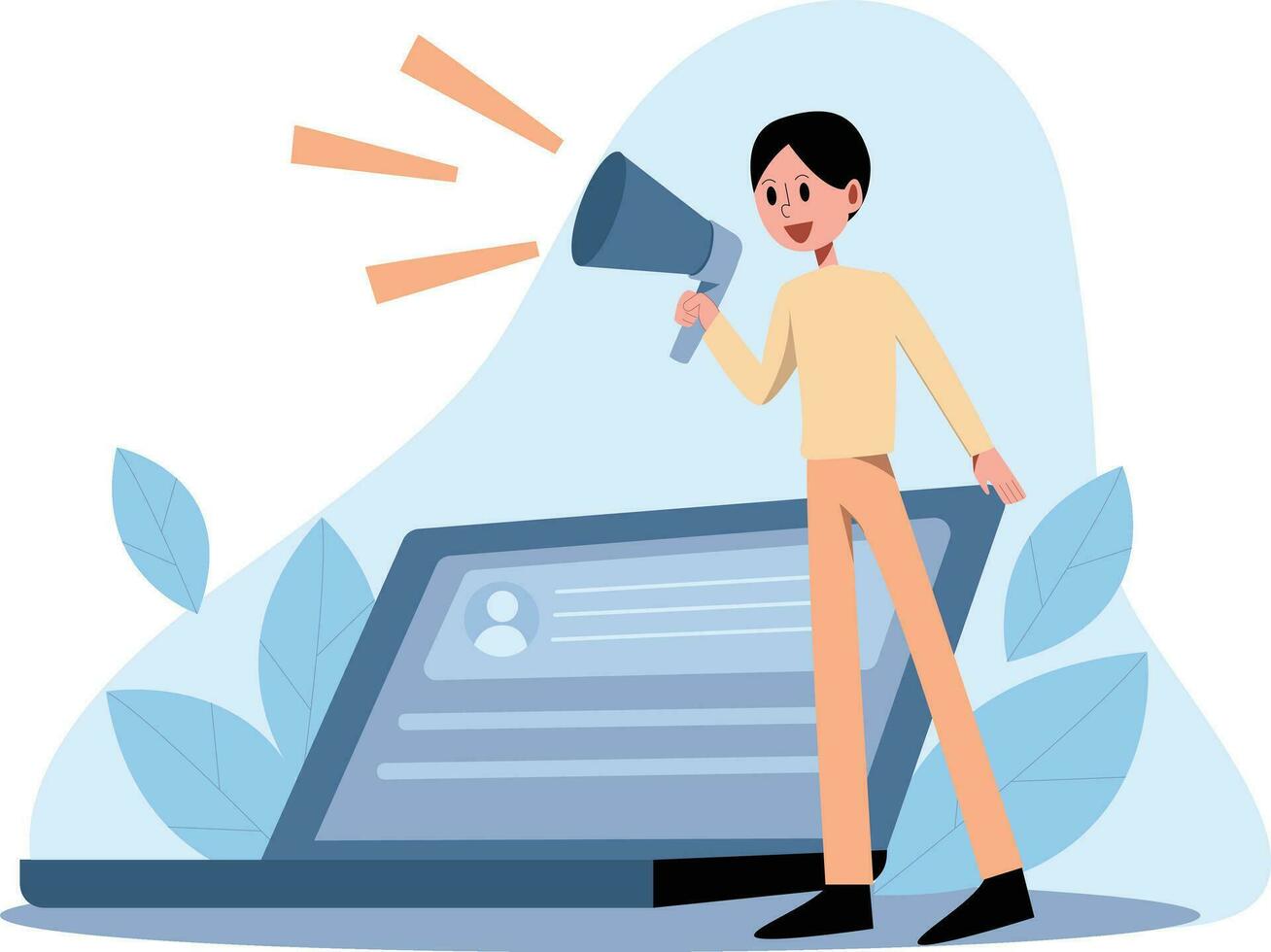 Man holding megaphone and laptop computer. Vector illustration in flat style