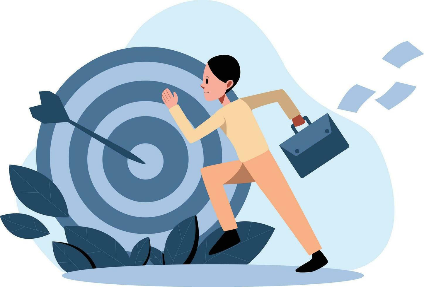 Businessman running away from the target. Vector illustration in flat style