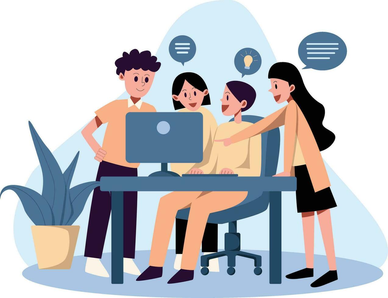 Business people working on laptop. Teamwork concept. Vector illustration in flat style