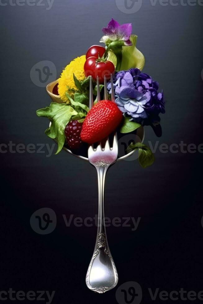 Stylized Photo of a Fork with Colorful Fruits and Vegetables