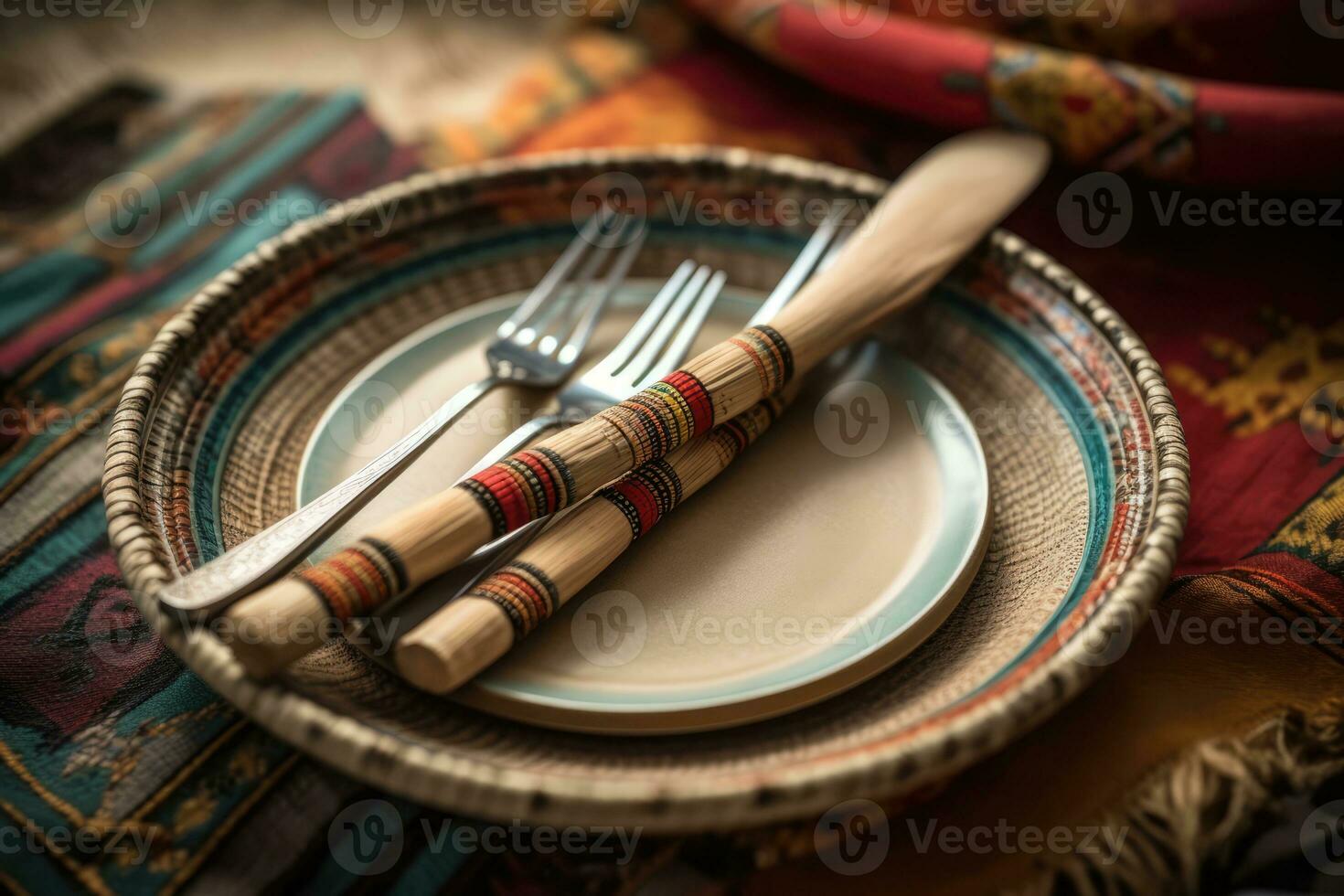 Dinner setting with colorful utensils and placemat photo