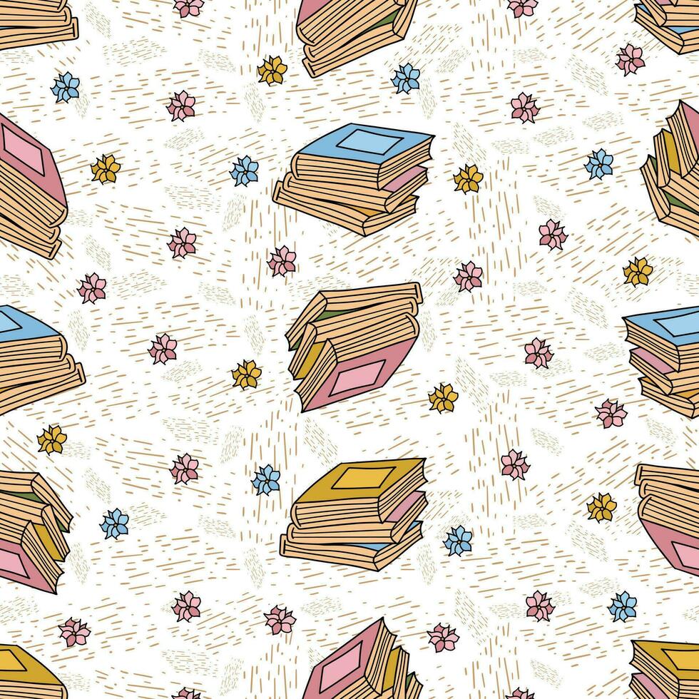 Colorful seamless pattern with hand drawn doodle elements- stacks of cute books, flowers, cozy textures on white background vector