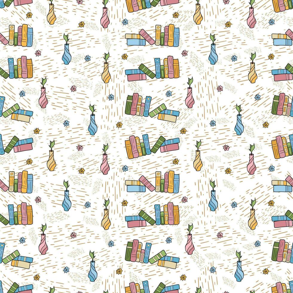 Colorful seamless pattern with hand drawn doodle elements - rows of cute books, flower vases, cozy textures and flowers on white background vector