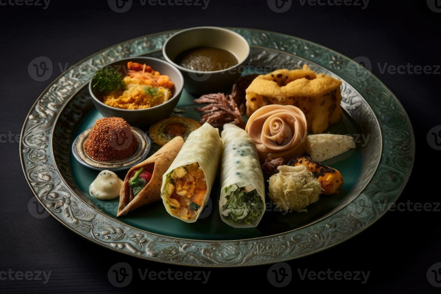 A plate of various foods, including wraps, snacks, and possibly desserts. photo