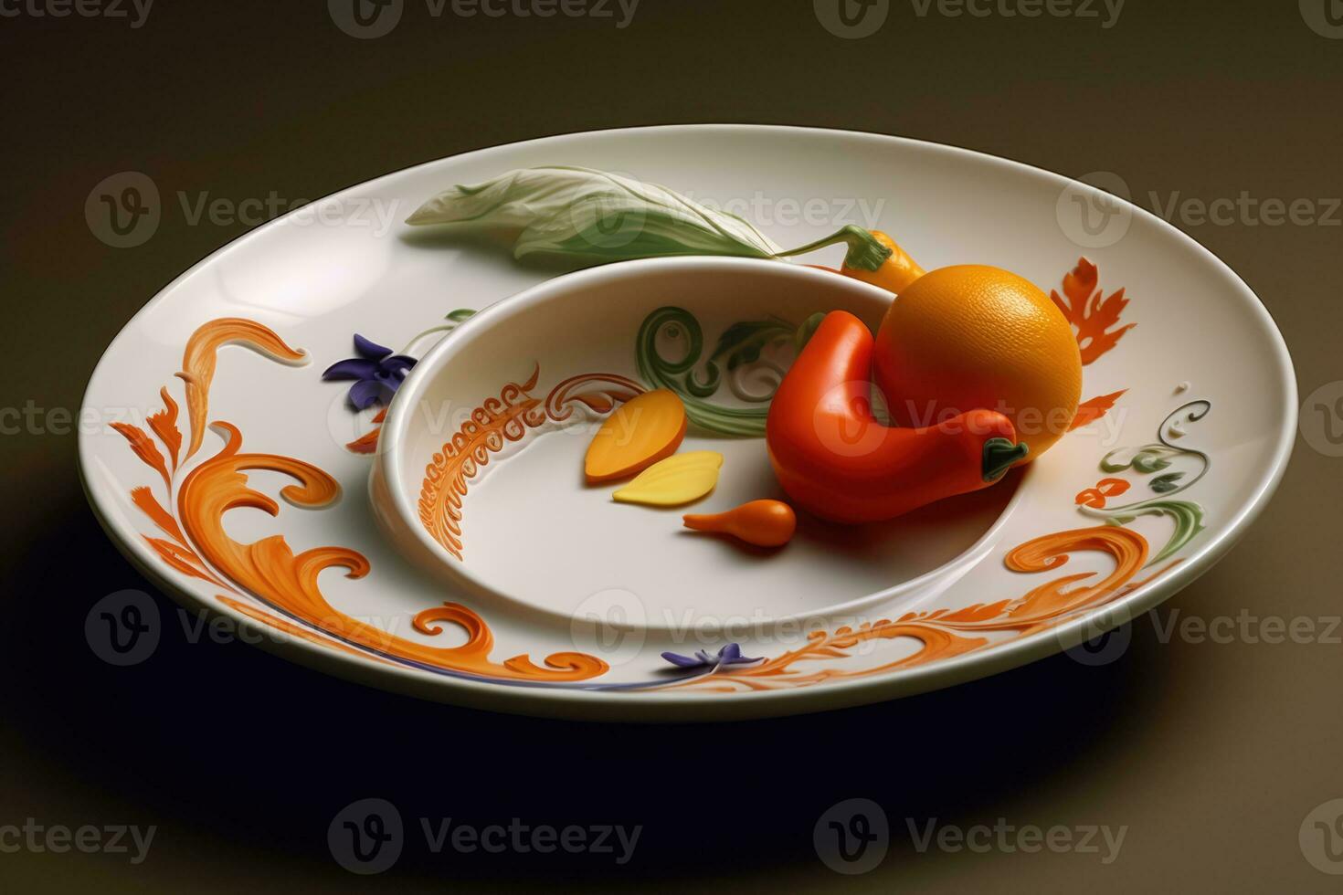 naranjas y pimienta en un decorativo plato foto