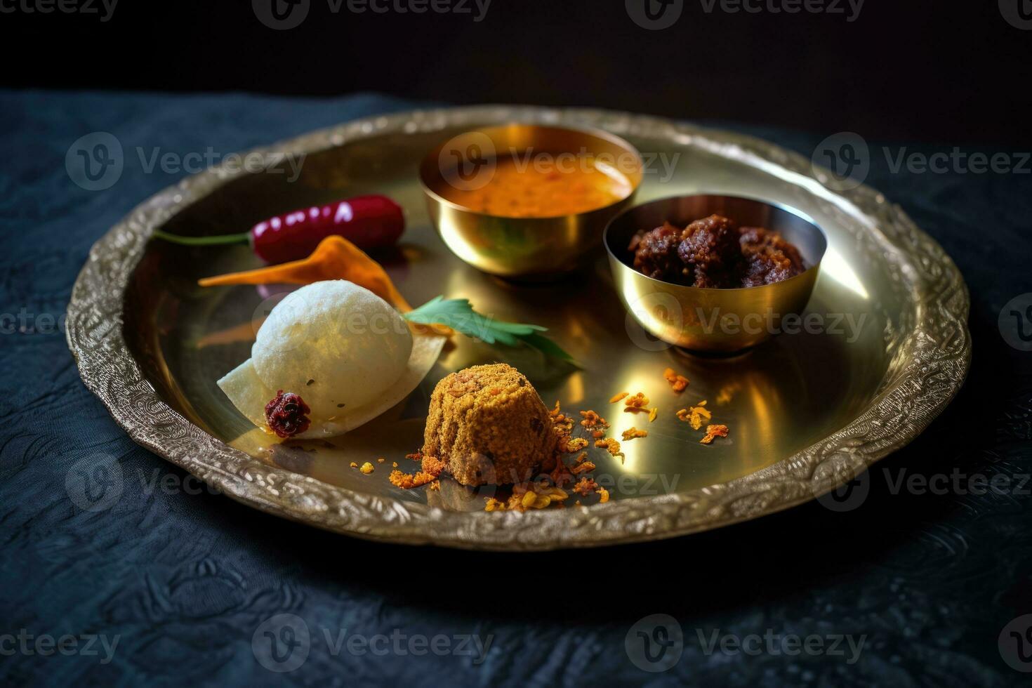 A Variety of Indian Foods on a Traditional Tray photo