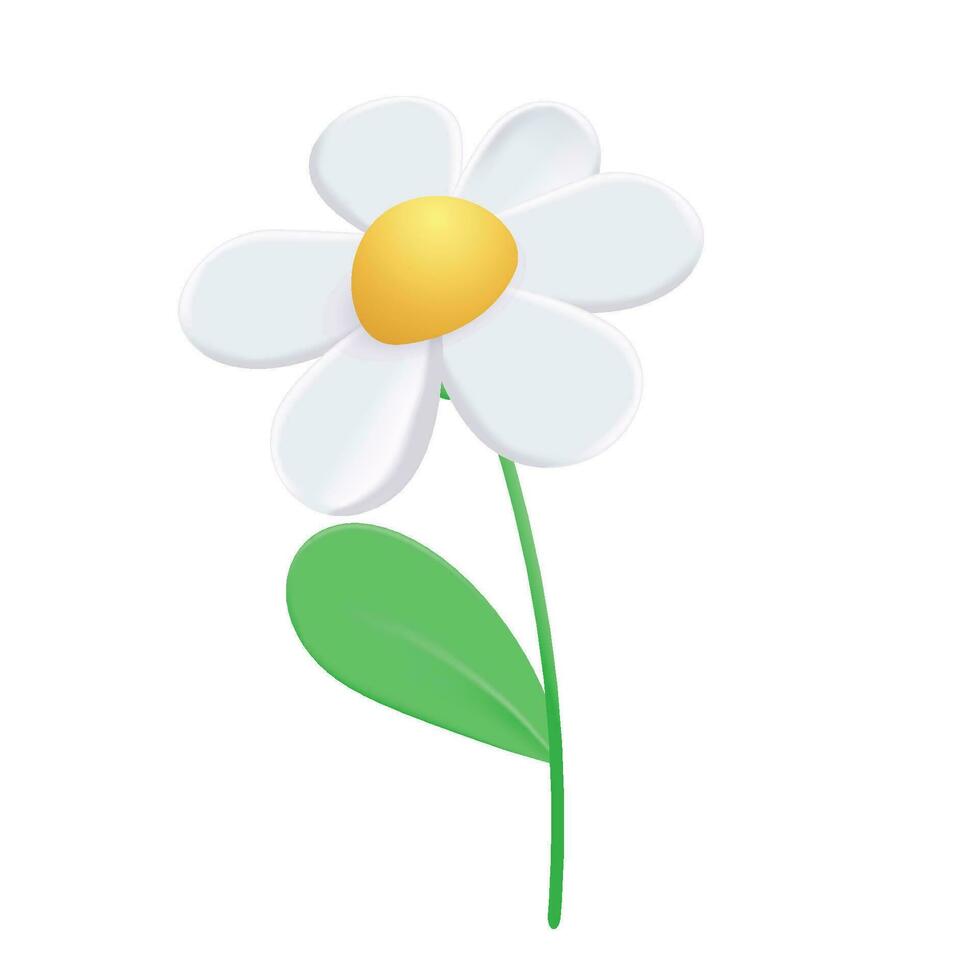 Vector 3d white daisy or chamomille flower with leaves on white backdrop
