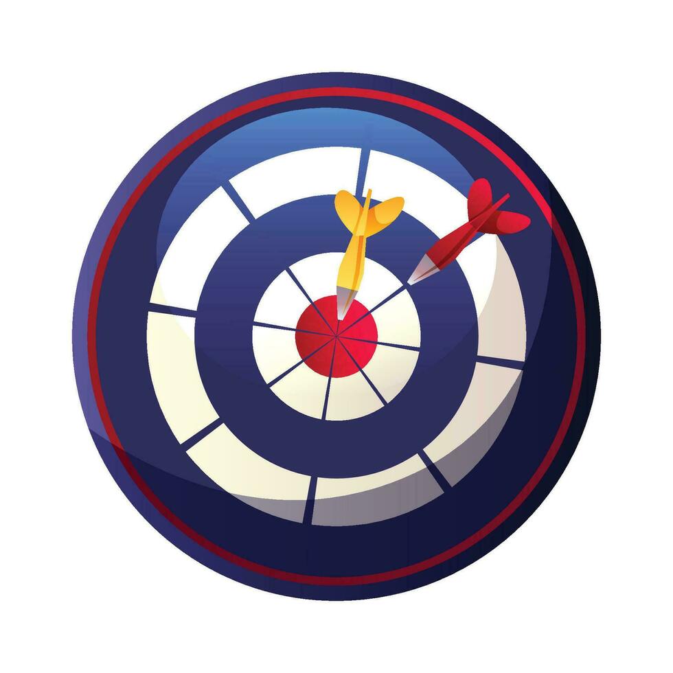 Vector red dart arrow hitting in the target center of dartboard