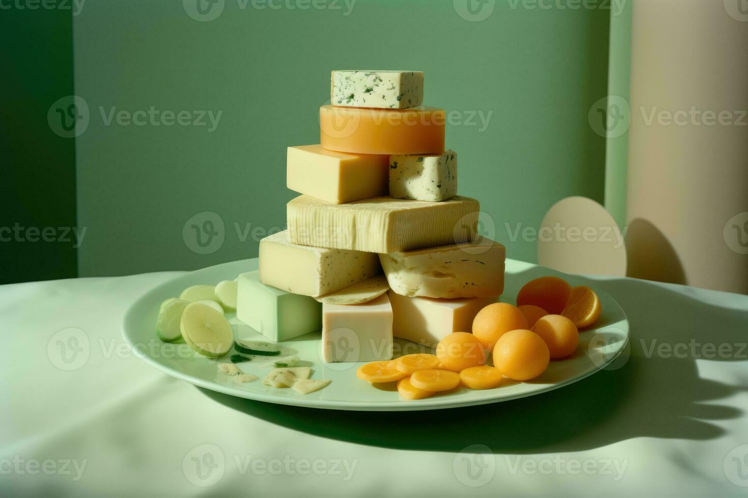 A Plate Stacked High with Various Cheeses and Sweet Prosciutto photo
