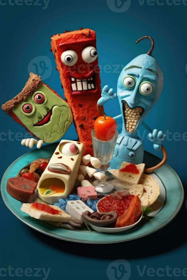 Plate of food with crazy monster characters photo