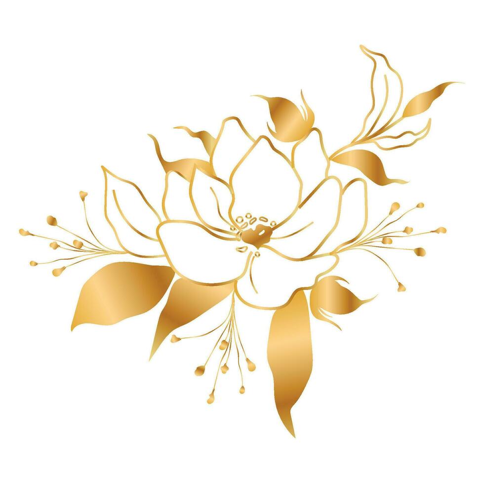 Vector golden line peony flower in oriental trend