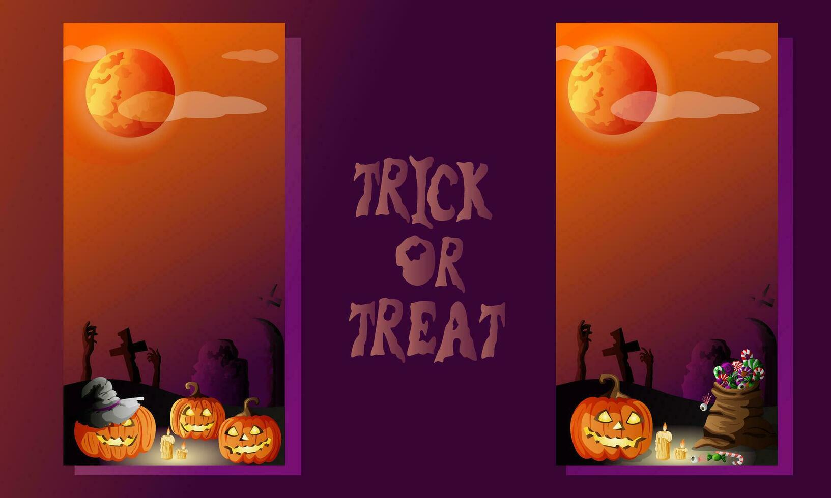 Halloween Vertical banner with pumpkins on night purple and orange background. pumpkins, candles, graves, cross and gost. Halloween invitation, party, card with space for text. vector