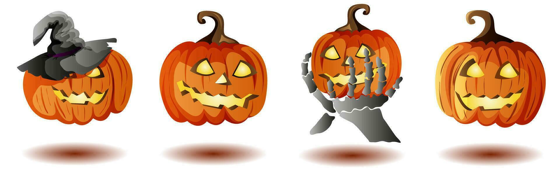 Cute halloween pumpkins. Isolated on white background. Flat style vector illustration. Skeleton holding a pumpkin