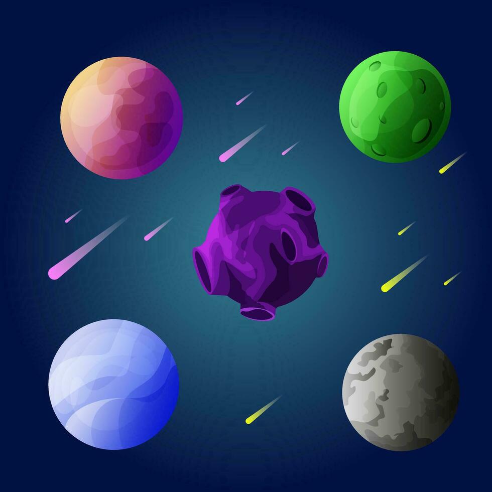 espacio planetas, asteroide, luna, fantástico mundo juego vector dibujos animados iconos color asteroide y planeta, ilustración fantástico universo con dibujos animados planetas