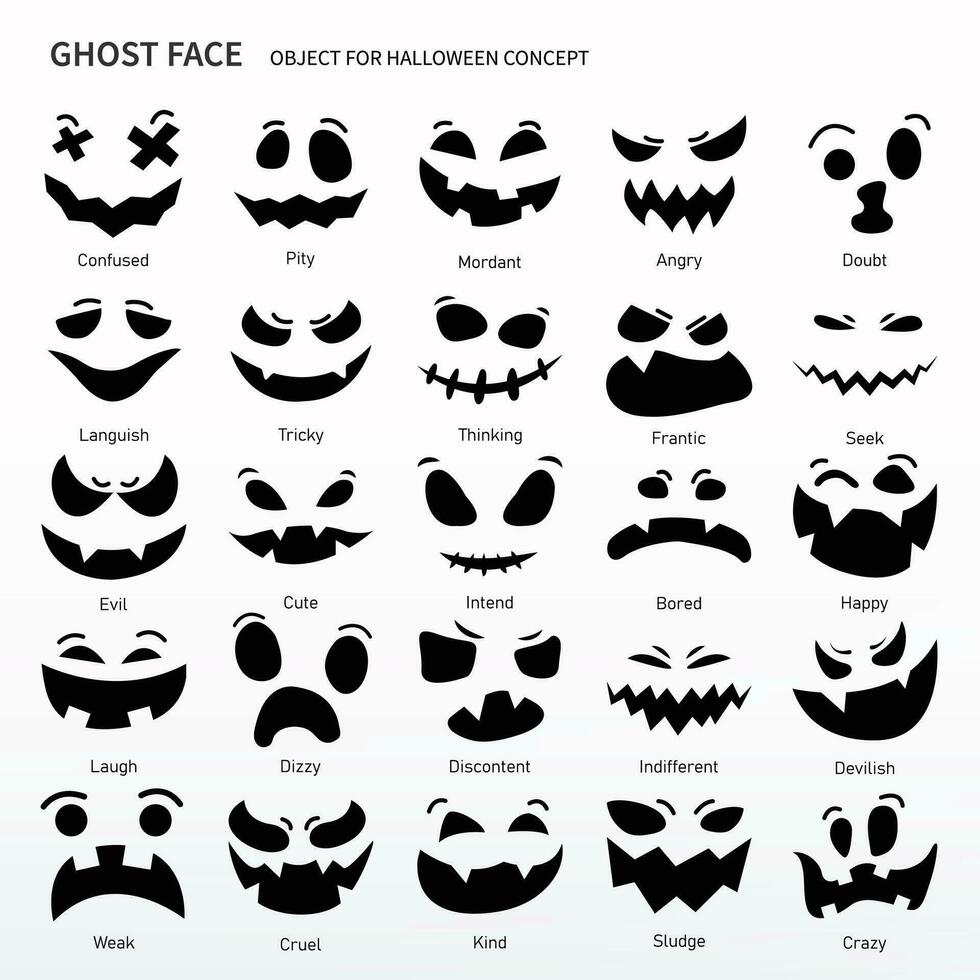 Ghost face cartoon set, Object for Halloween project. Same as confuse, confused, pity, doubt, languish, dizzy, weak, evil, devil, angry, tricky, think, thinking, frantic, seek, cute, bored, happy vector