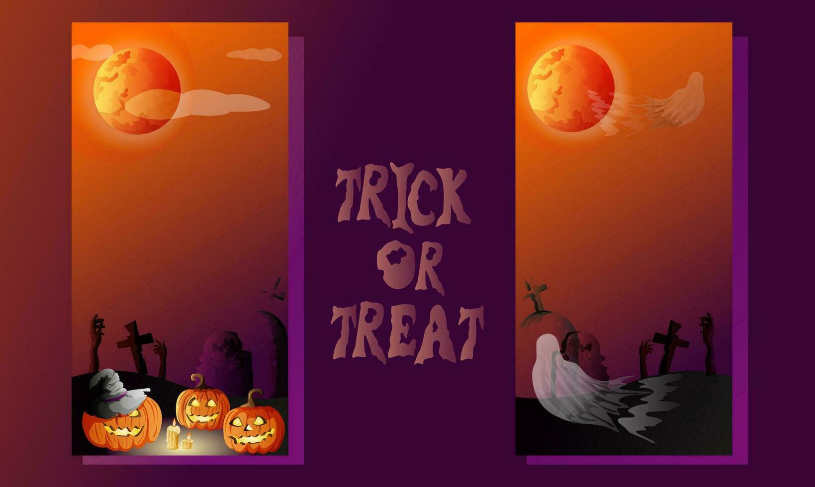 Halloween greeting card, poster, banner. Trick or treat hand drawn lettering. Halloween Vertical banner with pumpkins on night purple and orange background vector