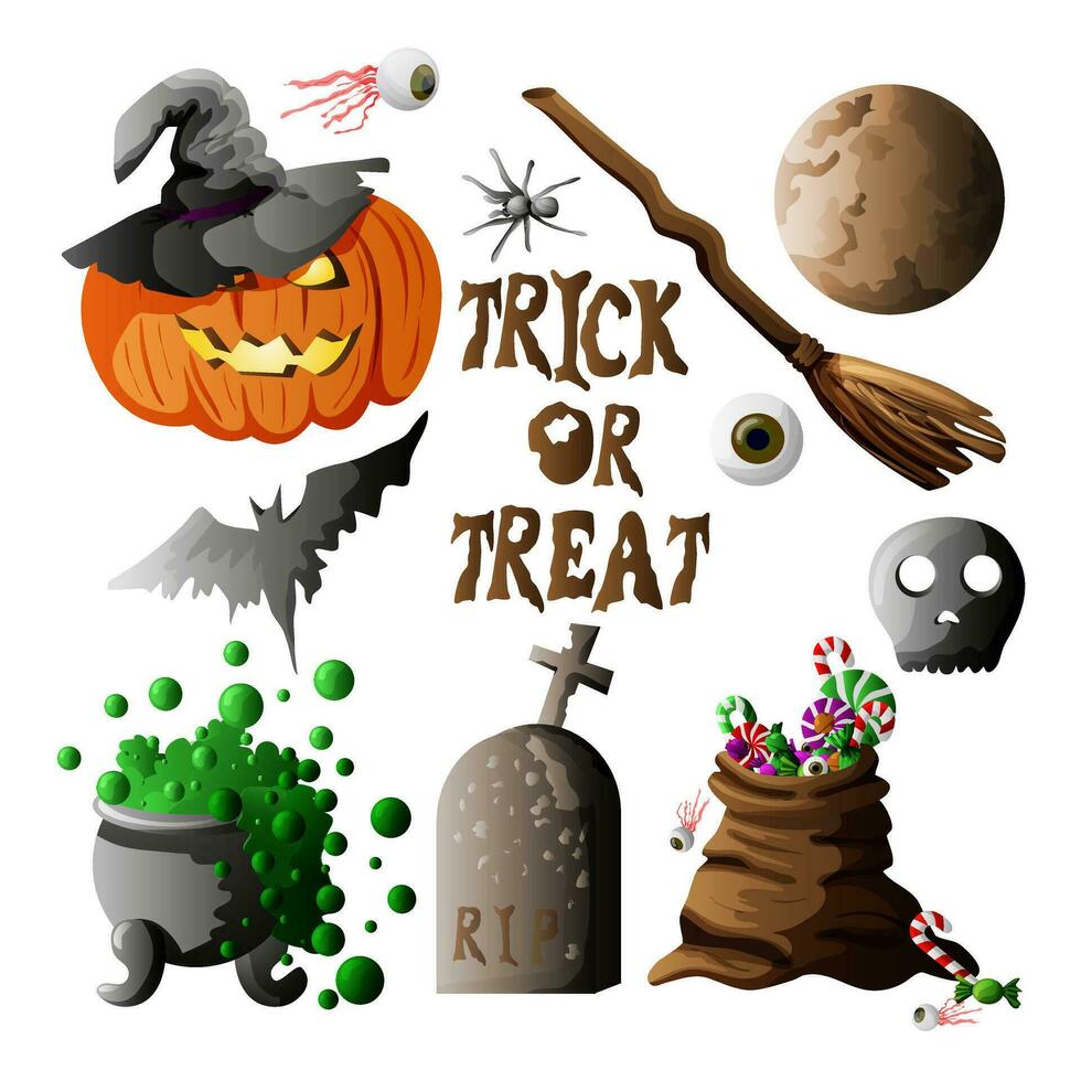 Halloween set of illustrated vector elements. Pumpkin, witch's cauldron, candy, raven, ghosts, grave, skull, witch's broom, moon.