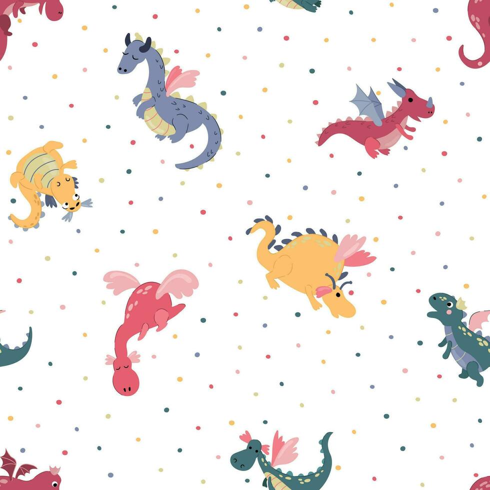 Seamless pattern with cute hand drawn dragons. Design for fabric, textile, wallpaper, packaging. vector