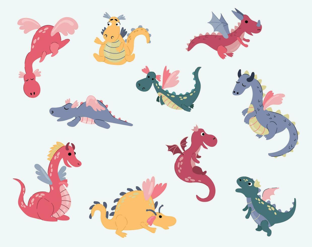 Set of cute hand drawn dragons. White background, isolate. vector