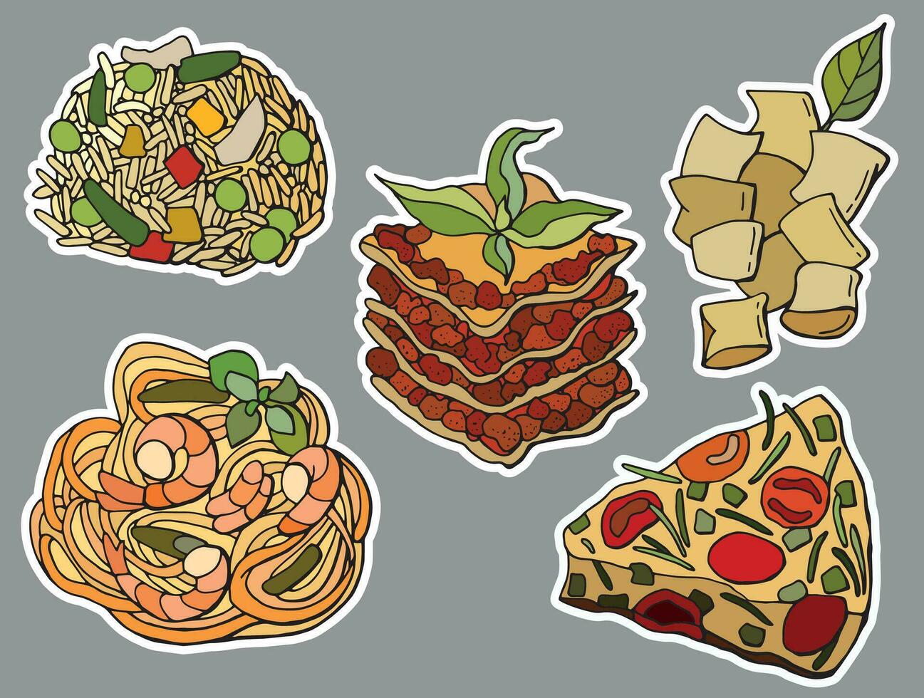 Italian cuisine stickers. Lasagna, fritata, pasta, risotto, gnocchi. vector