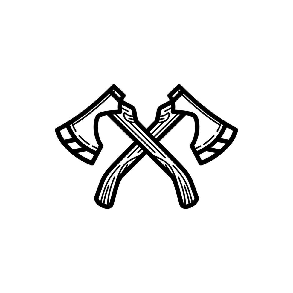 Crossed lumberjack axe icon design outline style isolated on white background vector