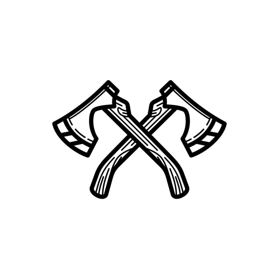 Crossed lumberjack axe icon design outline style isolated on white background vector