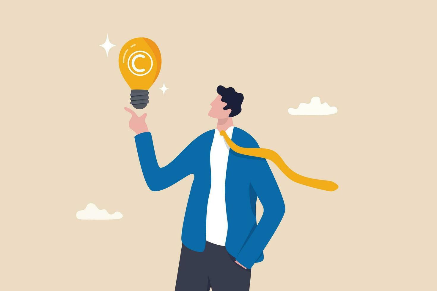 Copyright reserved, trademark intellectual property protection, original idea or innovation, legal or law protection registered concept, businessman holding light bulb idea with copyright symbol. vector