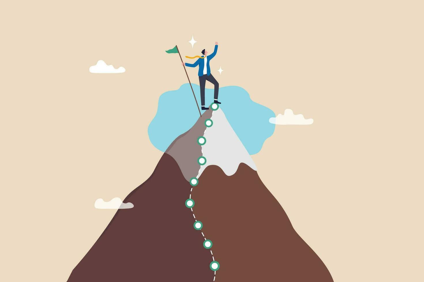 Success journey, milestone to reach goal, challenge or achievement, business progress or growth to succeed, climbing mountain mission concept, success businessman winner on hilltop milestone path. vector