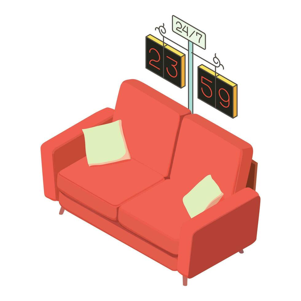 Room interior icon isometric vector. Soft red sofa and large decorative clock vector