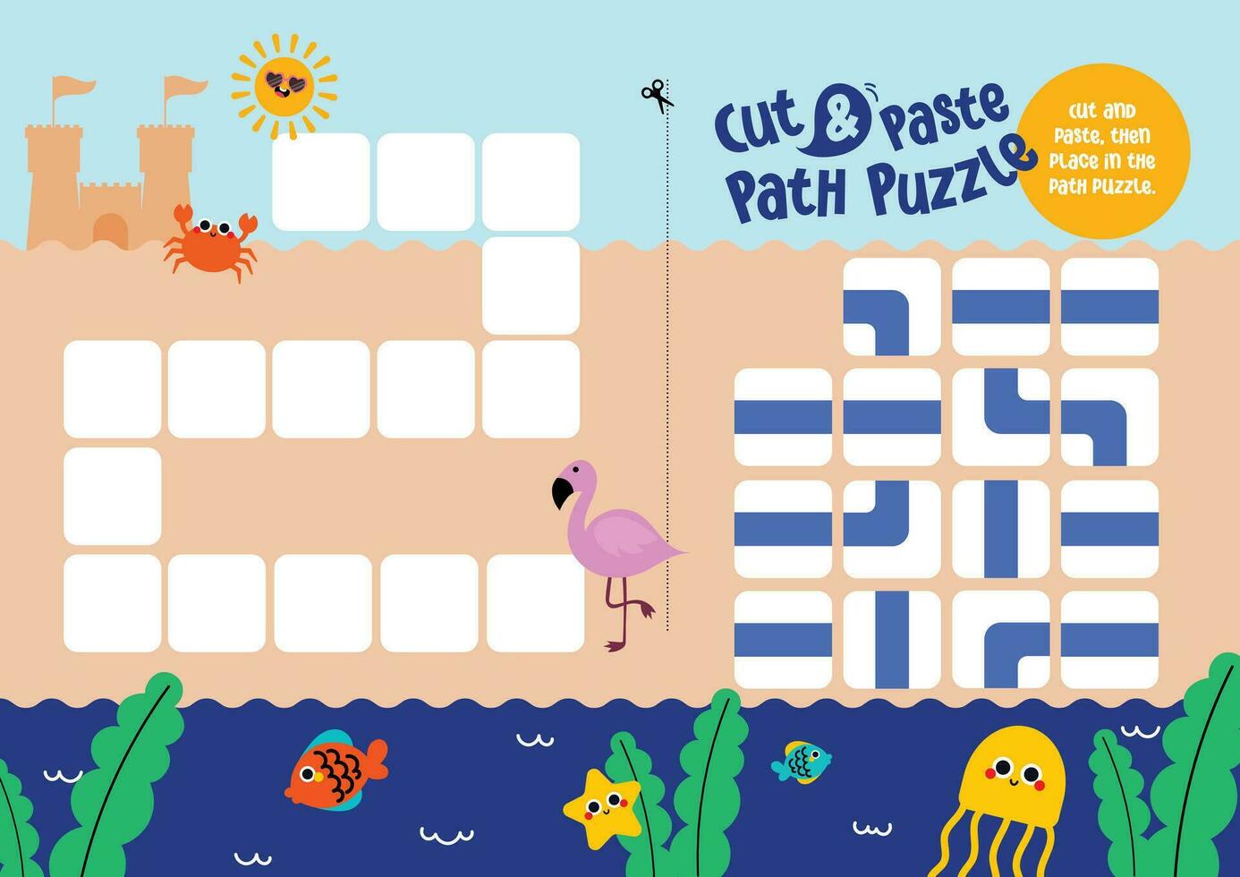 flat design vector path maze puzzle game for kids activity printable