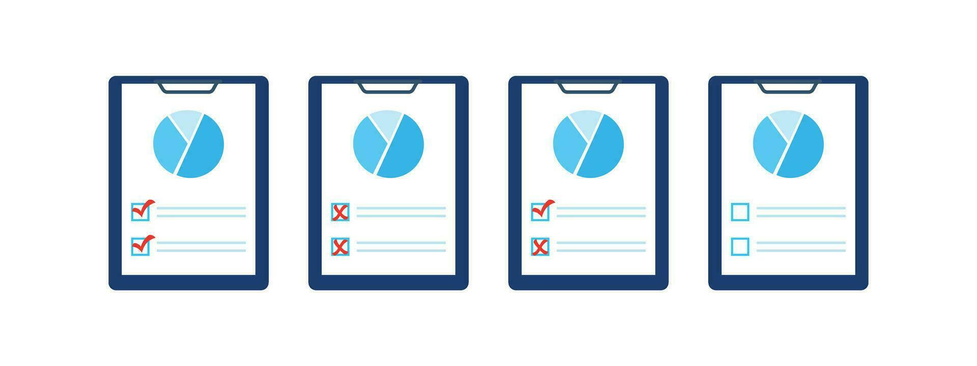 A set of documents with a pie chart, a graph marked with a red check mark and crosses vector