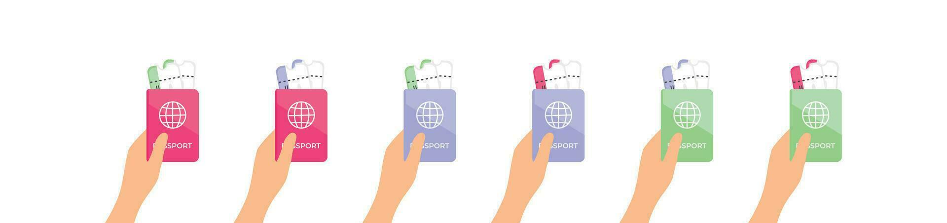 Set of hand holding passport with tickets vector