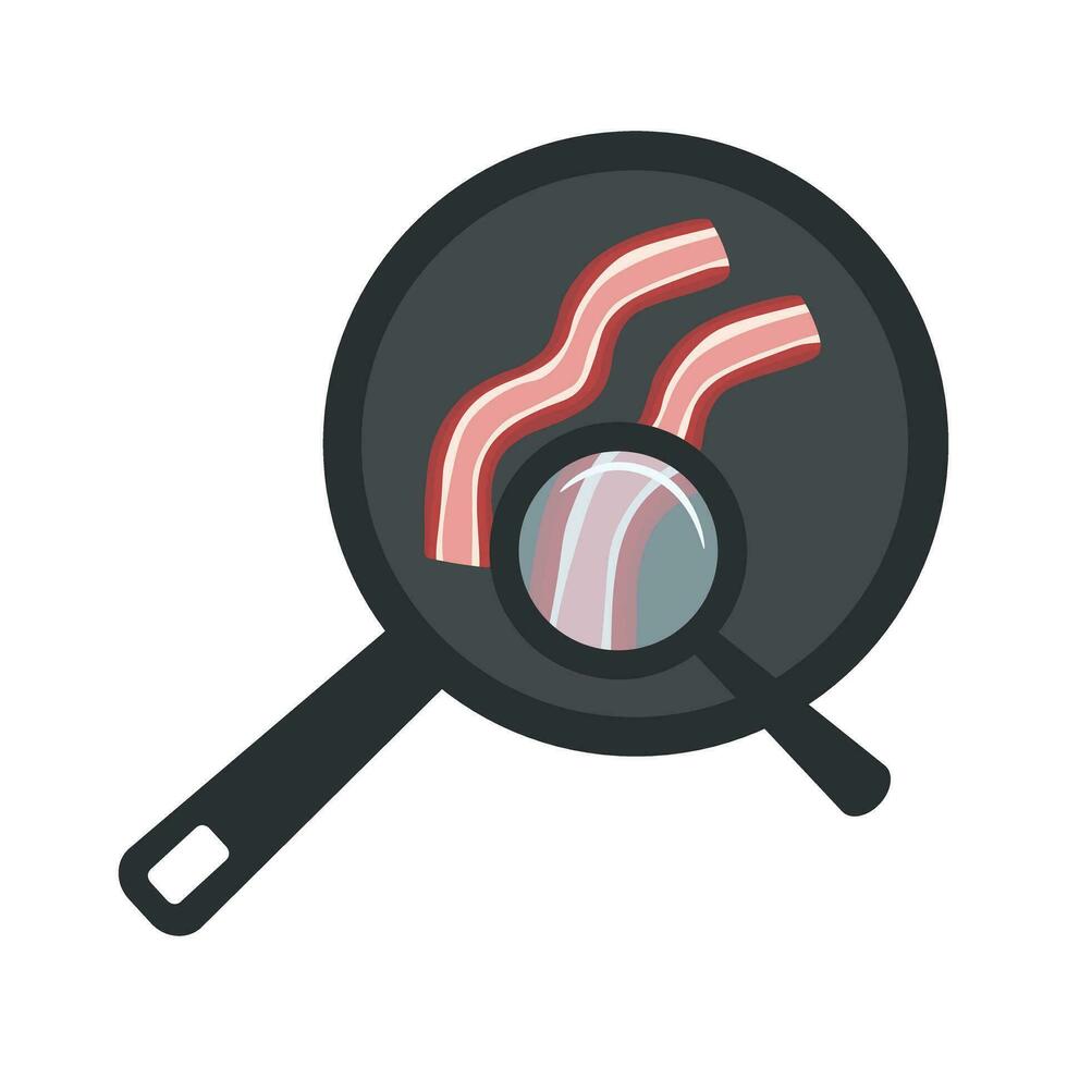 Bacon in a pan with a magnifying glass vector