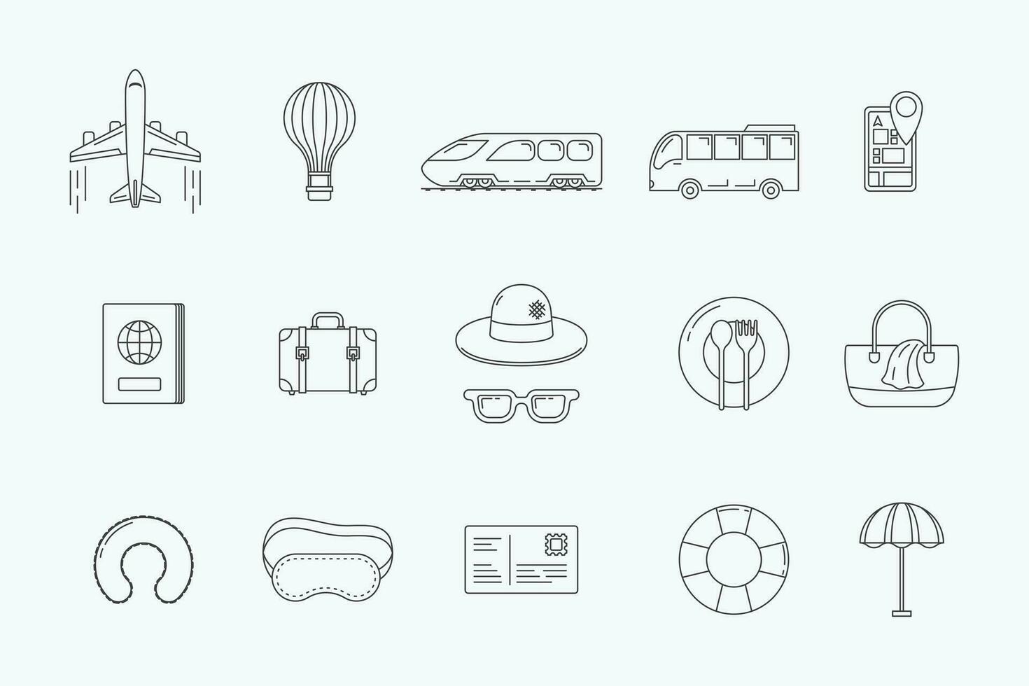 Travel element icons set. summer travelling objects line concept vector. vector