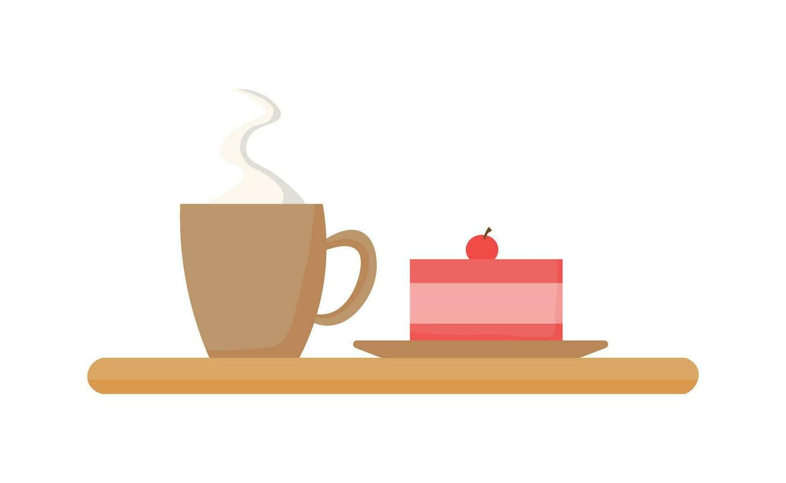 Cup with hot drink and cake on a tray vector